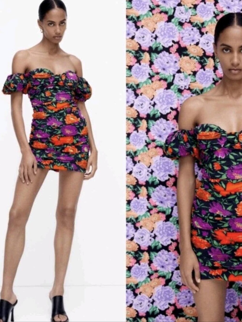 Zara Floral Off-the-Shoulder Short Puff Sleeve Fully Lined Mini Dress, XS